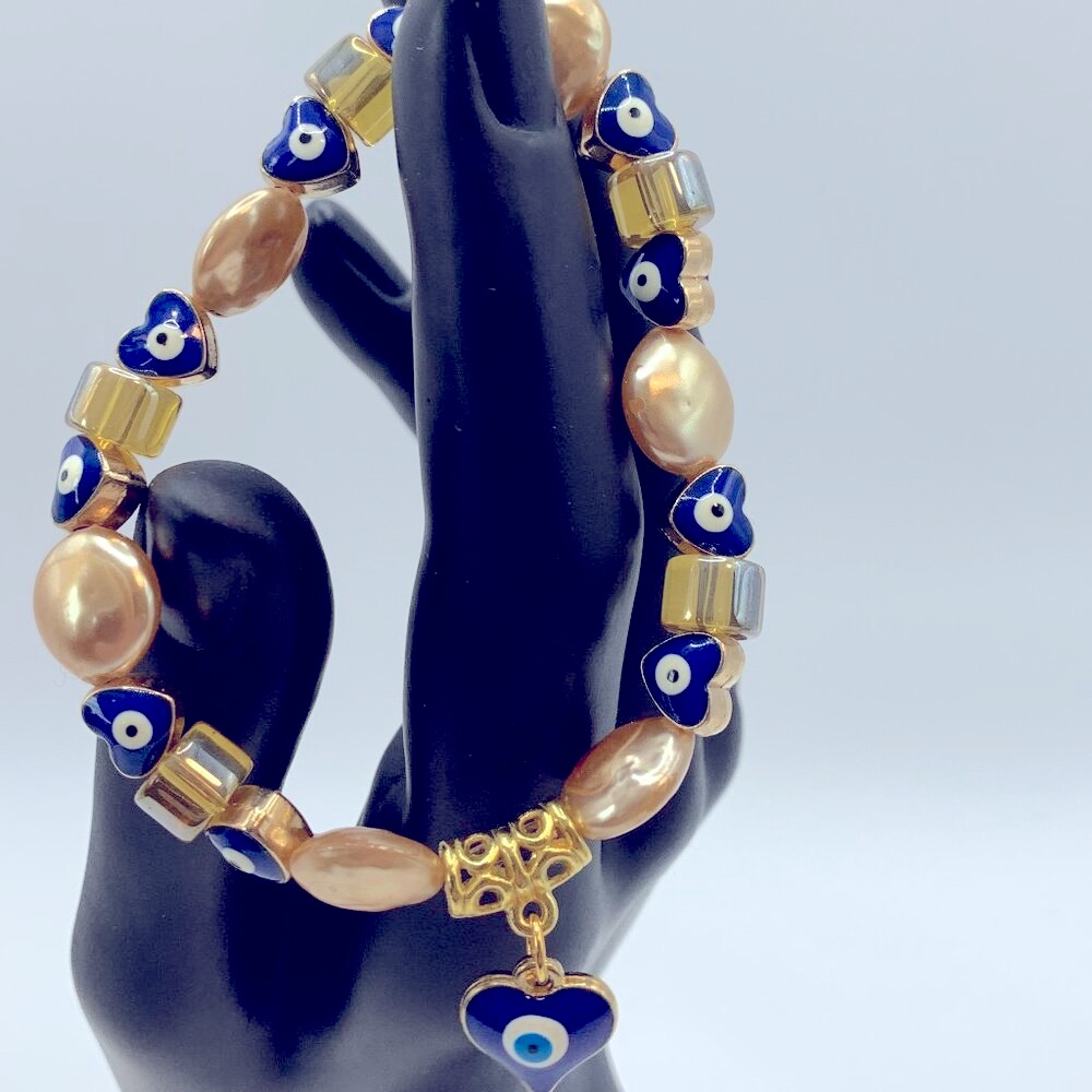 Evil Eye Heart Charm, Glass Bead, Pearl & Pewter Stretch Bracelet